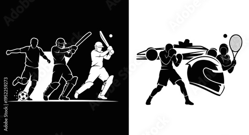 Dynamic sports illustration featuring cricket and boxing on transparent background silhouette