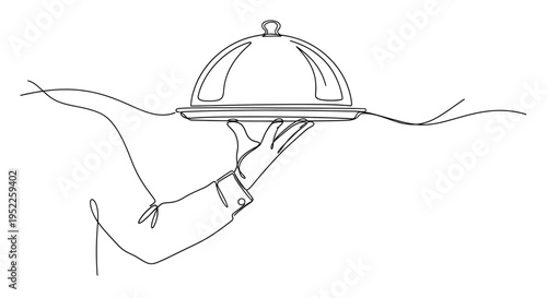 A single line drawing of a hand presenting a covered serving dish