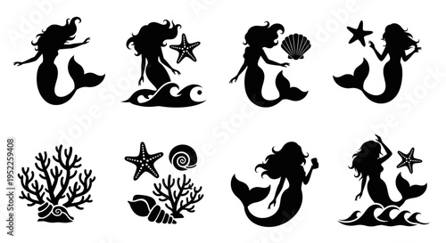 Collection of black mermaid silhouettes with sea life on transparent background