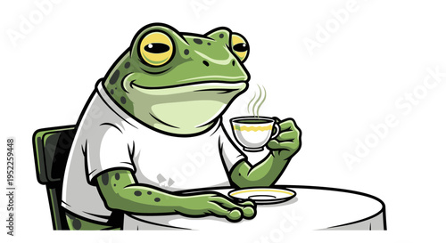 Cartoon Frog Drinking Coffee at Table in Cozy Morning Scene