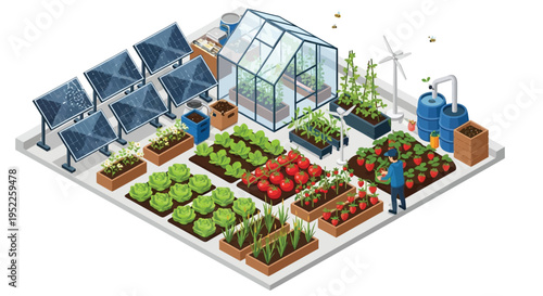 Sustainable farming illustration featuring a greenhouse and renewable energy sources