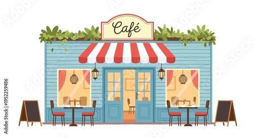 Charming cafe storefront with red and white striped awning and outdoor seating