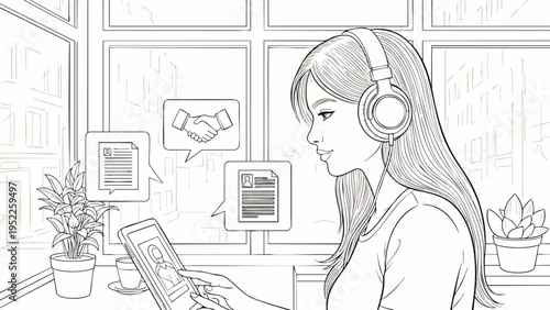Young woman with headphones using a tablet for digital communication and remote work, with business icons. Line art illustration for online learning and collaboration.