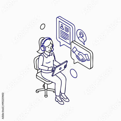 Isometric line art of a female customer service agent with a headset and laptop, providing online support, virtual assistance, and remote client communication.