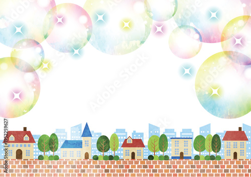 キラキラシャボン玉、街並み背景、かわいい、水彩、横