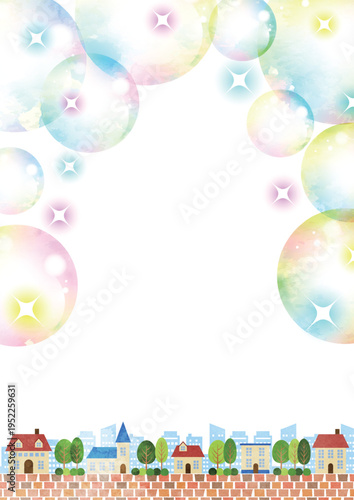 キラキラシャボン玉、街並み背景、かわいい、水彩、縦