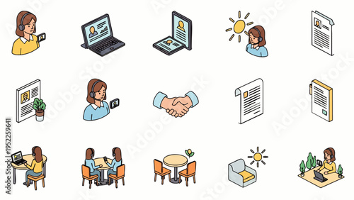 Modern isometric business and office work vector icon set. Featuring people, laptops, customer service, job applications, meetings, and professional tasks.