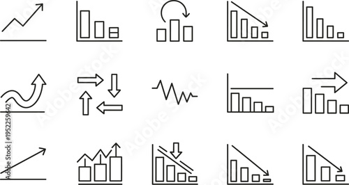 Business analytics icons set showing growth decline trends statistics charts arrows for finance marketing data visualization dashboards reports