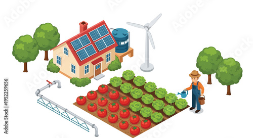 Sustainable living illustration featuring a house garden and renewable energy