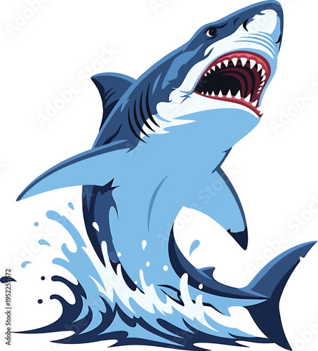 A blue cartoon shark vector illustration featuring sharp teeth and a fin is isolated on a white background, depicting a dangerous marine predator swimming in the underwater ocean