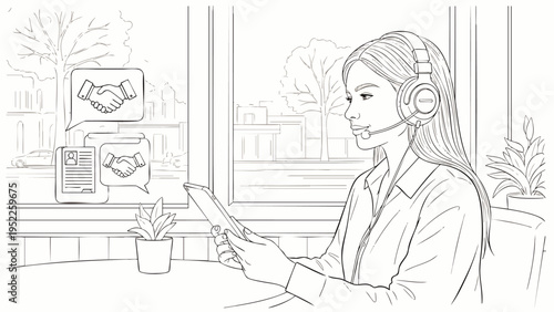Line art: Woman in headset with tablet, virtual business communication, online customer support, remote collaboration, digital agreements.