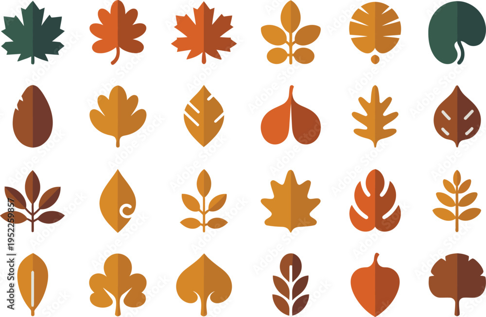 Obraz premium Autumn Leaf Icons Set, Vector Graphics, Fall Season Symbols, Flat Design