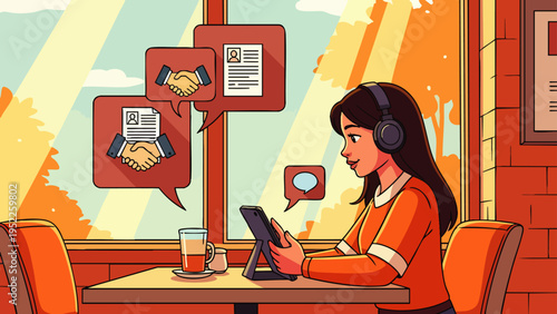 Modern woman working remotely from a cafe, using a tablet and headphones for online business meetings, networking, and digital communication.