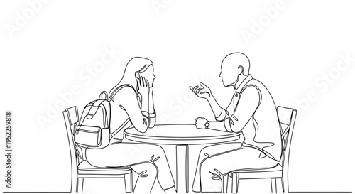 Two people engaged in conversation at a small outdoor table