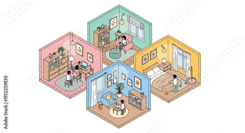 Isometric illustration showing interconnected rooms with people and interior details