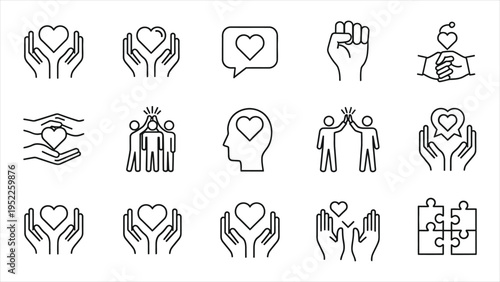 Love, Friendship, Care, and Charity Line Icon Set – Editable Stroke Vector Illustration on White Background.