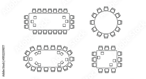 Overhead view of various table and chair arrangements for meetings