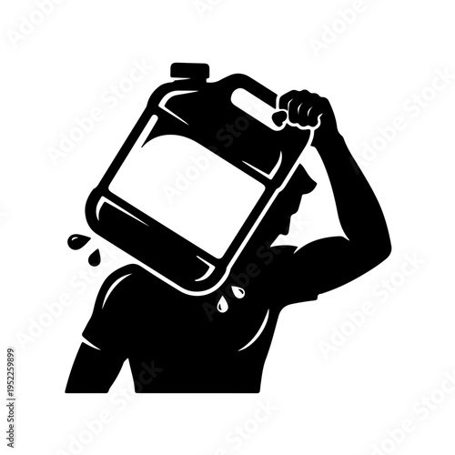 Person carrying water jerrycan icon, silhouette of man shoulder carrying heavy water container, humanitarian and clean water access concept, black and white vector illustration