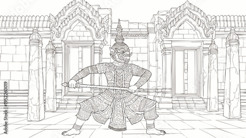 Thai mythical giant character, a warrior from the Ramakien epic, in traditional costume standing before an ancient temple. Detailed line art drawing for coloring books and cultural projects.