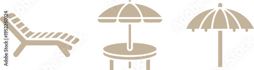 Minimalist beach essentials set with striped lounger and two umbrellas on white background