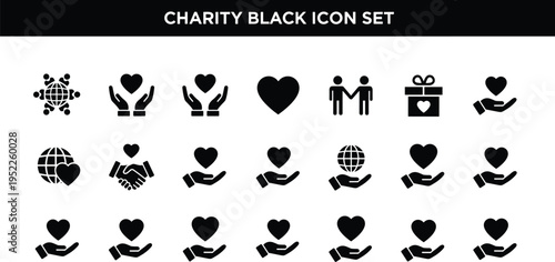 Charity icon set, black symbols, donation, compassion, heart, unity, helping hands, nonprofit, global aid, volunteer, support, care