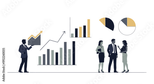 Business professionals discussing data analysis and growth strategies in a modern office