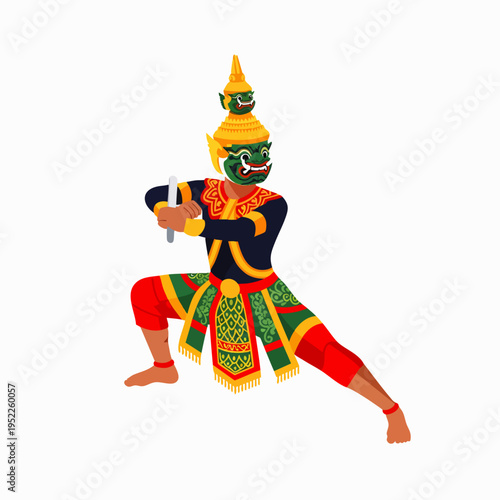 Traditional Thai Khon dance character illustration, a powerful giant demon from the Ramakien epic, performing an ancient cultural show with elaborate costume and mask on white background.