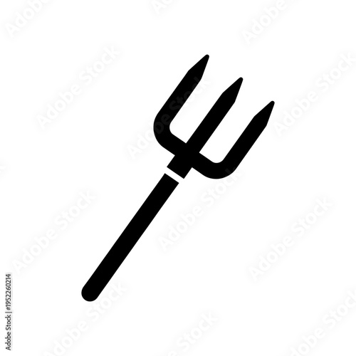 A stark black pitchfork stands prominently against a clean white background a bold silhouette