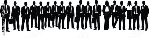 Business team silhouettes, corporate professionals, men and women in suits, office staff, leadership group, formal style, confident poses, black shadow, vector, collection