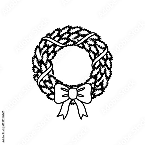 A hand drawn christmas wreath with a festive bow depicted as a stark black silhouette