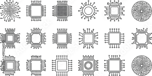 Collection of stylized microchip illustrations, integrated circuit designs, schematic layouts, electronic components, technology patterns, engineering blueprint graphics