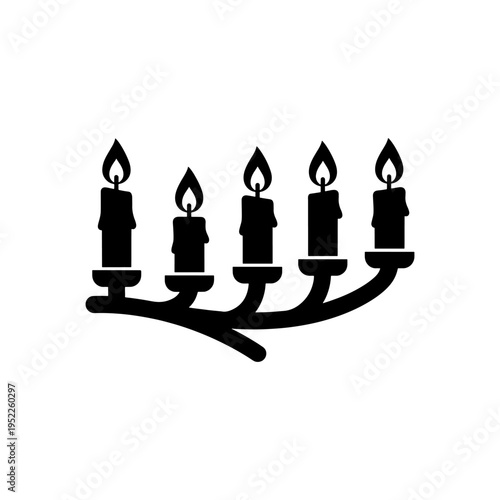 A striking black silhouette depicts a five branched candelabra with lit candles a symbolic representation