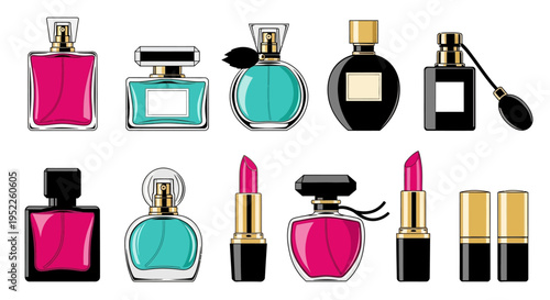 Colorful assortment of luxury perfume and makeup products