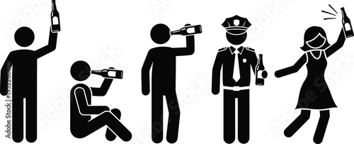 Drinking people icon set, alcohol consumption pictograms, party and bar scenes, black silhouette symbols for warning, social, health, and safety design