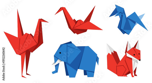 colorful origami cranes and animals in flat lay composition on white background