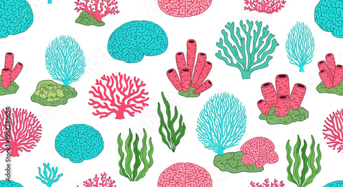 Vibrant coral reef pattern with colorful sea fans and coral formations