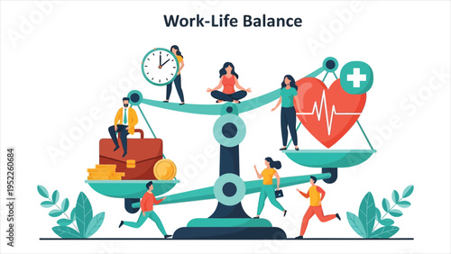  Work-Life Balance Vector Concept – Employees Measuring Health, Job, and Finances