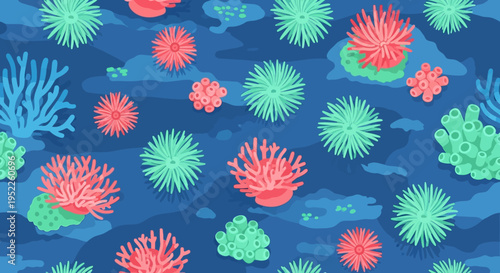 Vibrant coral reef illustration with pink and green sea fans and coral formations underwater
