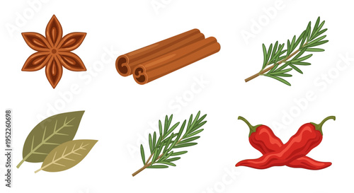 flat lay autumn spices and herbs collection with cinnamon and star anise