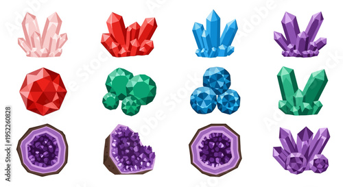 vibrant gemstone collection with faceted and raw crystal clusters isolated on white