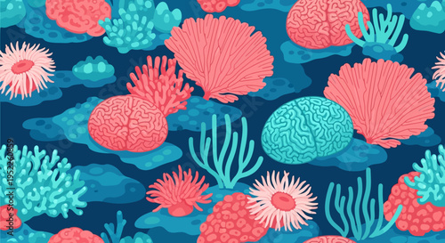 Vibrant coral reef illustration with pink and teal coral formations underwater