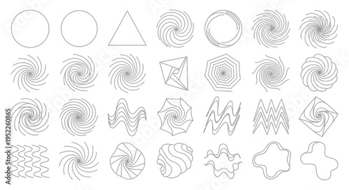 Collection of abstract geometric shapes and spirals on transparent background silhouette