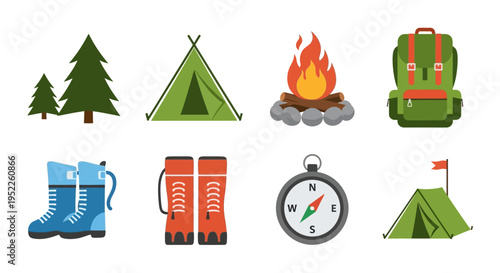 Camping icons set with tent, backpack, boots, compass, and campfire