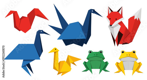 colorful origami animals on white background