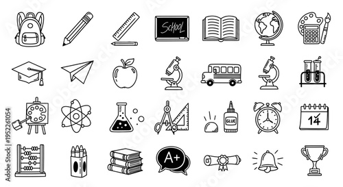 Collection of hand drawn school supplies and education icons on transparent background silhouette