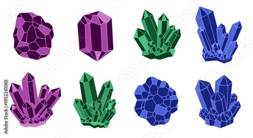 collection of colorful crystal shapes on white background