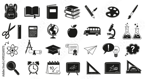 Black silhouette icons representing education and learning on transparent background