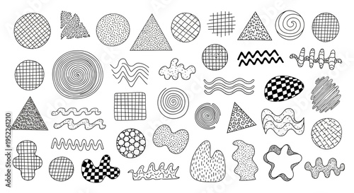 Collection of hand drawn abstract shapes and patterns on transparent background silhouette