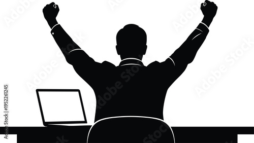 Business success silhouette, man celebrating victory, office achievement concept, raised hands triumph, career motivation, professional success, laptop desk scene, black white vector