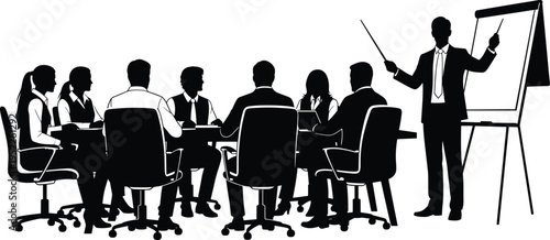 Business meeting silhouette, corporate teamwork illustration, office discussion concept, leadership presentation, training seminar, conference teamwork, strategy planning, professional people